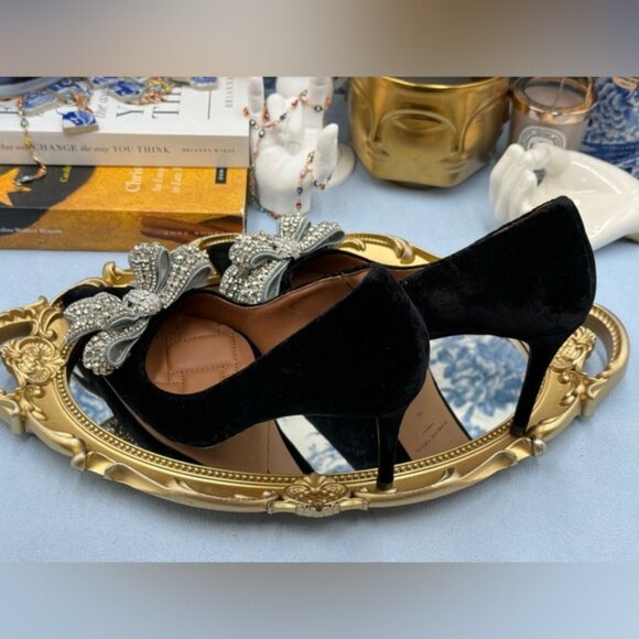 🆕 KURT GEIGER LONDON 🧿 NWOB Belgravia Bow Court Heel, Black Velvet Sz 37 US 7 - Picture 8 of 15